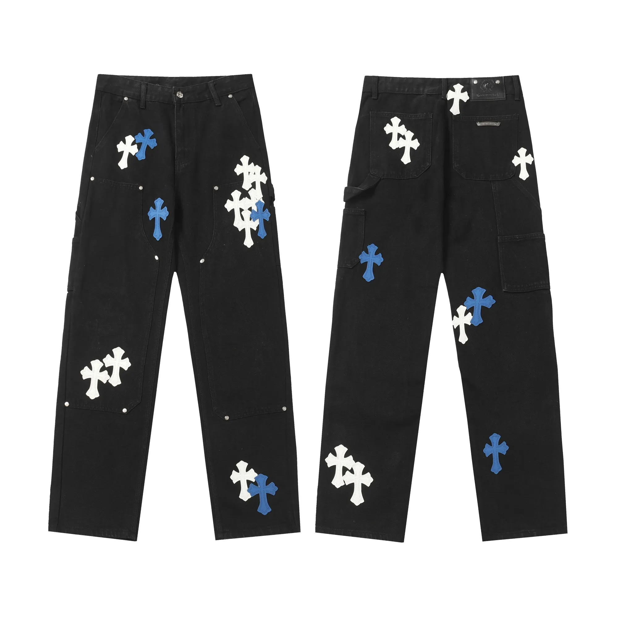 KE9101 P280 The only correct leather label version on the market Chrome Hearts CH Cross embroidered American style washed patchwork leather lumberjack workwear jeans Top ceiling quality 100% correct version The correct version is here!  Believe me this must be the best quality you will ever come across! ! Excellent value for money! !  Styles with different washes and textures are very friendly to people with thin legs and thick legs. The straight version is very flattering to the shape of the legs. The moderate length is timeless and easy to match. It is the basis of various styles and a must-have in the wardrobe! ! Add a little stacking to make the atmosphere easy to control. The fabric is stiff but the upper body is soft without losing texture. The sides and cuffs of some styles have a bone-wash effect. It’s really hard not to love it!  ✅Correctly customize the Croxin metal leather label on the back panel. It is definitely not sold directly with the cross on the finished jeans. 1:1 copying strives for excellence and the details are perfectly grasped. ✅The cross leather label is clear and smooth. Exquisite turning top craftsmanship. ✅Buttons, zippers and hardware are all customized versions of the Croxin LOGO. ✅High-cost washing process. Size: 28 30 32 34 36